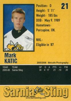 2005-06 Sarnia Sting (OHL) #10 Mark Katic Back