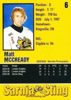 2005-06 Sarnia Sting (OHL) #13 Matt McCready Back