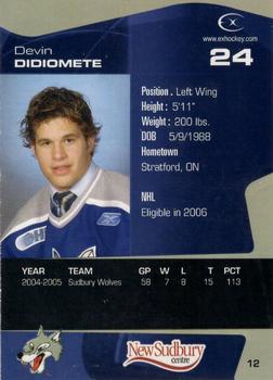 2005-06 Extreme Sudbury Wolves OHL #12 Devin DiDiomete Back