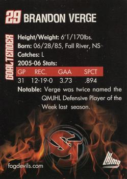 2005-06 St. John's Fog Devils (QMJHL) #23 Brandon Verge Back
