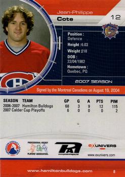 2006-07 Extreme Hamilton Bulldogs (AHL) Calder Cup #8 Jean-Philippe Cote Back