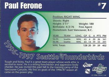 1996-97 Seattle Thunderbirds (WHL) #NNO Paul Ferone Back