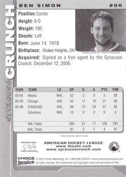 2006-07 Choice Syracuse Crunch (AHL) #06 Ben Simon Back