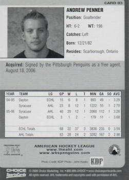 2006-07 Choice Wilkes-Barre/Scranton Penguins (AHL) #3 Andrew Penner Back