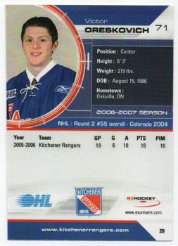 2006-07 Extreme Kitchener Rangers (OHL) #20 Victor Oreskovich Back