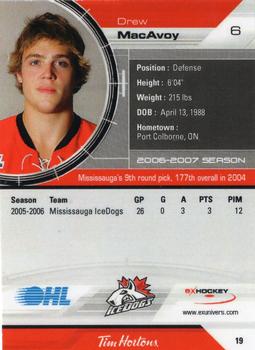 2006-07 Extreme Mississauga IceDogs (OHL) #19 Drew McAvoy Back