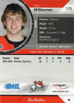 2006-07 Extreme Mississauga IceDogs (OHL) #26 Ben O'Connor Back
