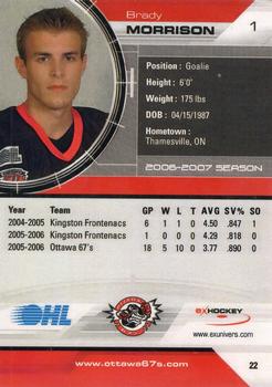 2006-07 Extreme Ottawa 67's (OHL) #22 Brady Morrison Back