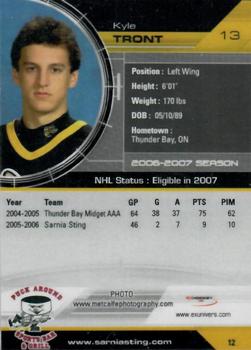 2006-07 Extreme Sarnia Sting (OHL) #12 Kyle Tront Back