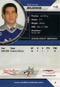2006-07 Extreme Sudbury Wolves (OHL) #6 Gerome Giudice Back