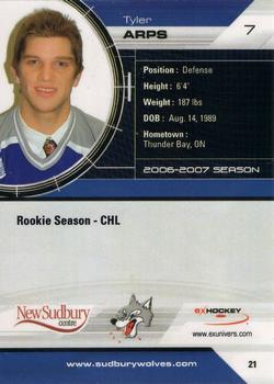 2006-07 Extreme Sudbury Wolves (OHL) #21 Tyler Arps Back