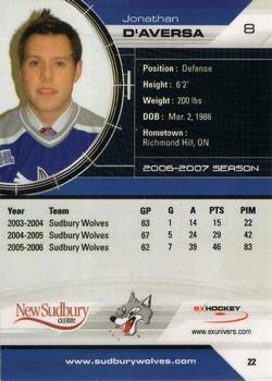 2006-07 Extreme Sudbury Wolves (OHL) #22 Jonathan D'Aversa Back