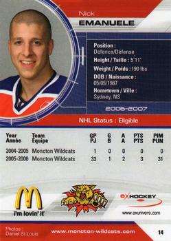 2006-07 Extreme Moncton Wildcats (QMJHL) #14 Nick Emmanuele Back