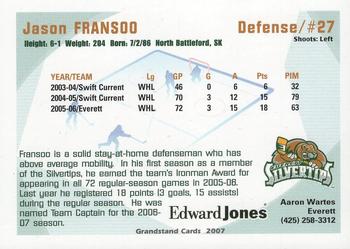 2006-07 Grandstand Everett Silvertips (WHL) #NNO Jason Fransoo Back