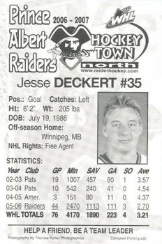 2006-07 Prince Albert Raiders (WHL) #NNO Jesse Deckert Back