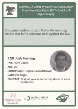 2007-08 Minnesota Wild Police #7 Josh Harding Back