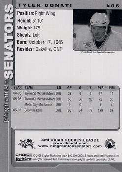 2007-08 Choice Binghamton Senators (AHL) #6 Tyler Donati Back