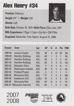 2007-08 Pepsi Milwaukee Admirals (AHL) #NNO Alex Henry Back