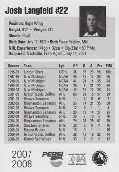 2007-08 Pepsi Milwaukee Admirals (AHL) #NNO Josh Langfeld Back