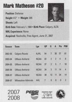 2007-08 Pepsi Milwaukee Admirals (AHL) #NNO Mark Matheson Back