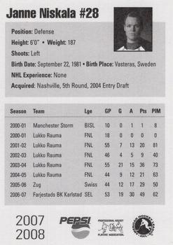 2007-08 Pepsi Milwaukee Admirals (AHL) #NNO Janne Niskala Back
