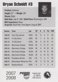 2007-08 Pepsi Milwaukee Admirals (AHL) #NNO Bryan Schmidt Back