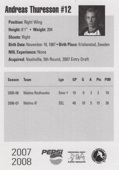 2007-08 Pepsi Milwaukee Admirals (AHL) #NNO Andreas Thuresson Back