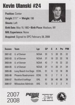 2007-08 Pepsi Milwaukee Admirals (AHL) #NNO Kevin Ulanski Back