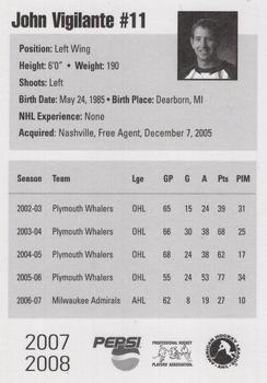 2007-08 Pepsi Milwaukee Admirals (AHL) #NNO John Vigilante Back