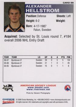 2007-08 Choice Peoria Rivermen (AHL) #9 Alexander Hellstrom Back