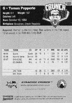 2007-08 Choice Syracuse Crunch (AHL) #1 Tomas Popperle Back