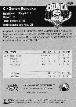 2007-08 Choice Syracuse Crunch (AHL) #7 Zenon Konopka Back