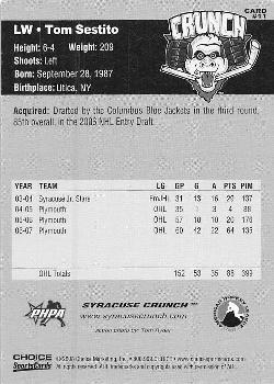2007-08 Choice Syracuse Crunch (AHL) #11 Tom Sestito Back