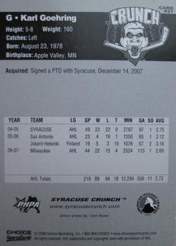 2007-08 Choice Syracuse Crunch (AHL) #21 Karl Goehring Back