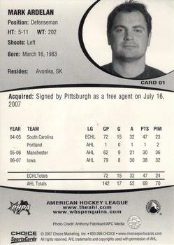 2007-08 Choice Wilkes-Barre/Scranton Penguins (AHL) #1 Mark Ardelan Back