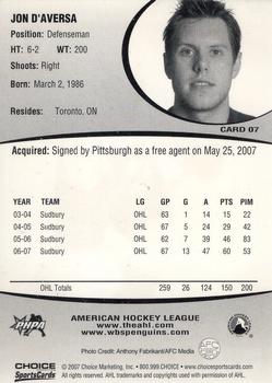 2007-08 Choice Wilkes-Barre/Scranton Penguins (AHL) #7 Jonathan D'Aversa Back