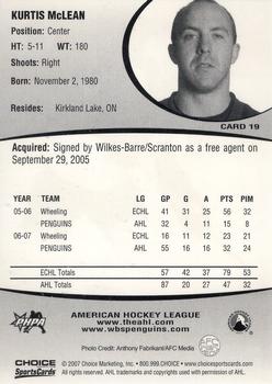2007-08 Choice Wilkes-Barre/Scranton Penguins (AHL) #19 Kurtis McLean Back
