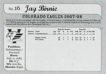 2007-08 Iron Mountain Autoplex Colorado Eagles (CHL) #NNO Jay Birnie Back