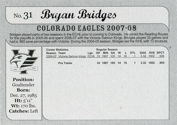 2007-08 Iron Mountain Autoplex Colorado Eagles (CHL) #NNO Bryan Bridges Back