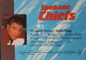 1994-95 Spokane Chiefs (WHL) #1 Randy Favaro Back