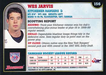 1999 Bowman CHL - OPC International #156 Wes Jarvis Back