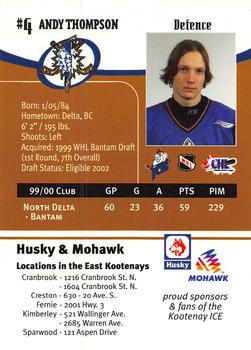 2000-01 Husky/Mohawk Kootenay Ice (WHL) #NNO Andy Thompson Back