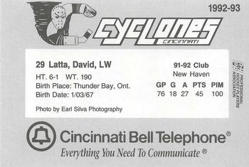 1992-93 Cincinnati Cyclones (IHL) #14 David Latta Back