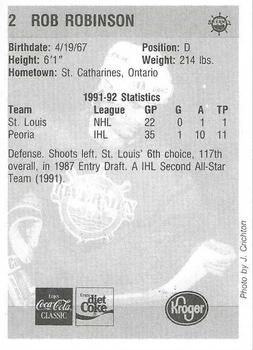 1992-93 Peoria Rivermen (IHL) #NNO Rob Robinson Back