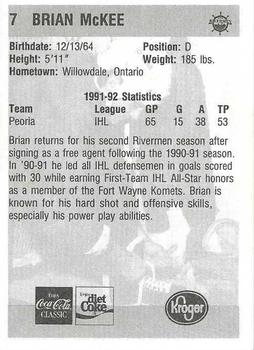 1992-93 Peoria Rivermen (IHL) #NNO Brian McKee Back