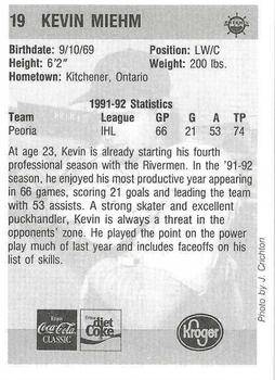 1992-93 Peoria Rivermen (IHL) #NNO Kevin Miehm Back