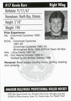 1992-93 Star Sports Cards Anaheim Bullfrogs (RHI) #NNO Kevin Kerr Back