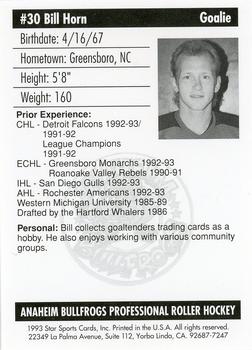1992-93 Star Sports Cards Anaheim Bullfrogs (RHI) #NNO Bill Horn Back