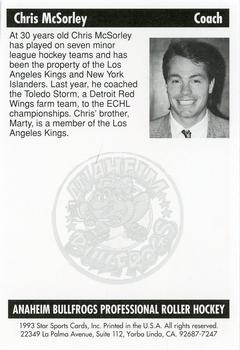 1992-93 Star Sports Cards Anaheim Bullfrogs (RHI) #NNO Chris McSorley Back