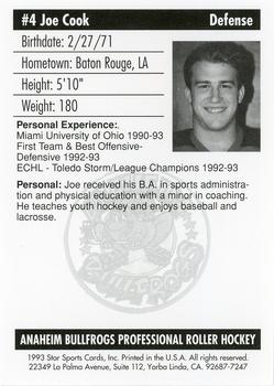 1992-93 Star Sports Cards Anaheim Bullfrogs (RHI) #NNO Joe Cook Back